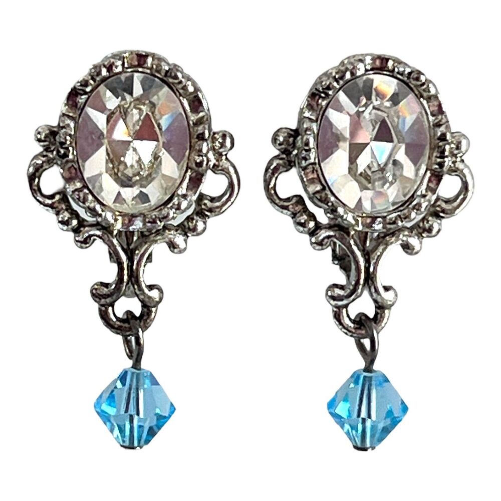 Vintage 1980s Trifari Crystal Drop Earrings Silver Tone Clip - 6Q